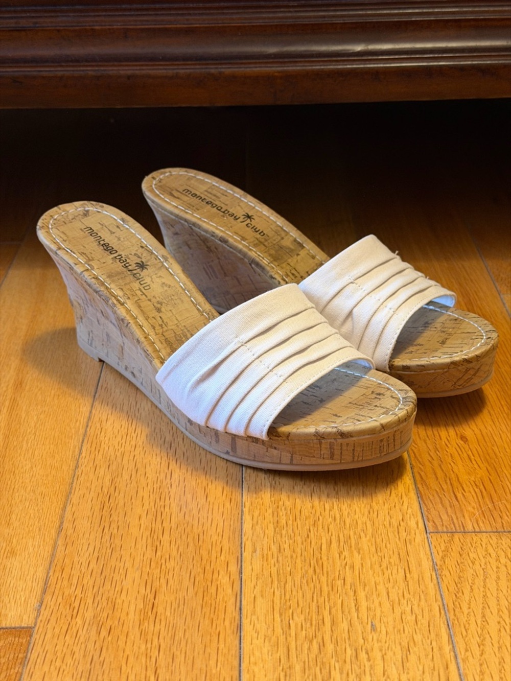 Montego Bay Club Cream Pleated Cork Wedge Slide Sandals